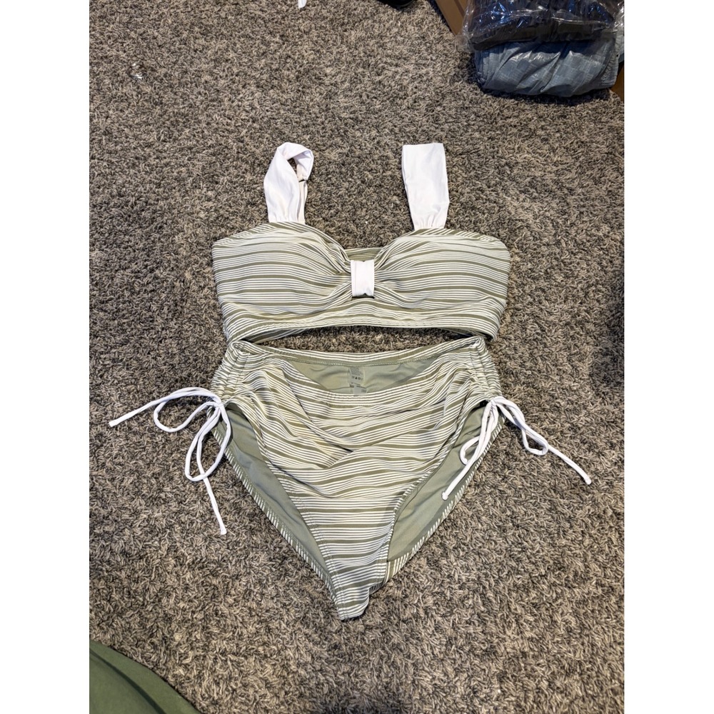 Sage Green White Striped High Waisted Bikini Set Two Piece Swimsuit Large